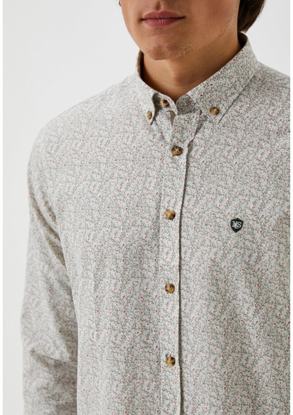 Erkek Desenli Gömlek Haki Floral Baskı Slim Fit Düğmeli Yaka Logo Detay Poplin 7181 modelleri