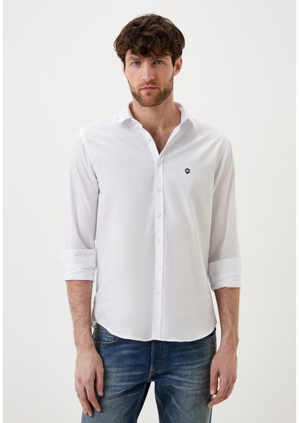 Erkek Pamuk Gömlek Beyaz Balıksırtı Desenli Slim Fit Düğmeli Yakalı Logo Detaylı 7279