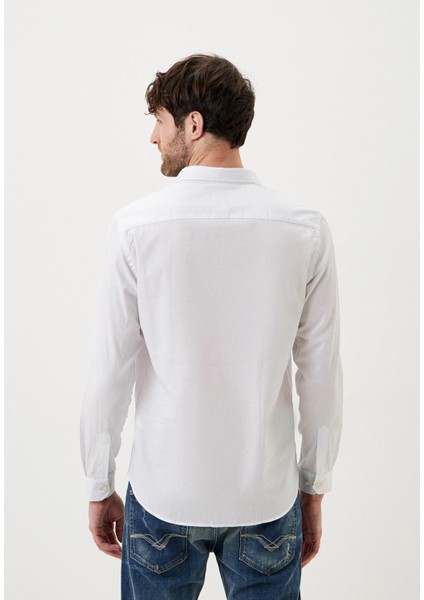 Erkek Pamuk Gömlek Beyaz Balıksırtı Desenli Slim Fit Düğmeli Yakalı Logo Detaylı 7279 modelleri
