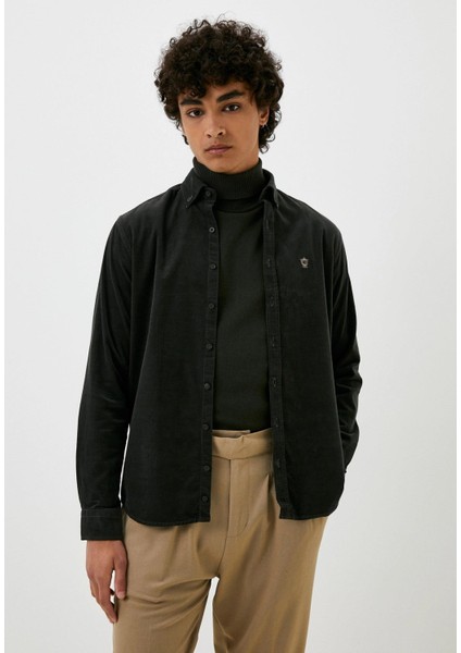 Erkek Kadife Gömlek Siyah %100 Pamuk Düğmeli Yaka Slim Fit Logo Detaylı 7980