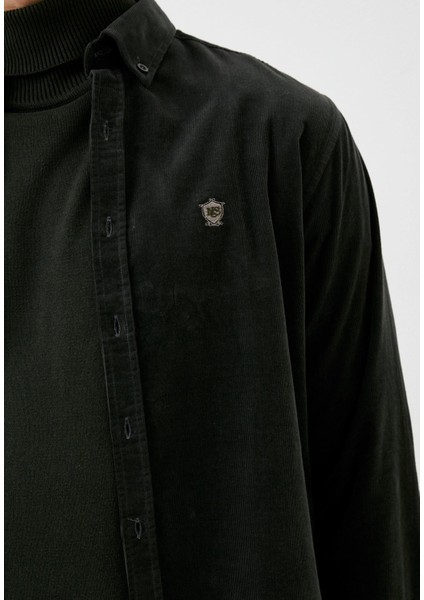 Erkek Kadife Gömlek Siyah %100 Pamuk Düğmeli Yaka Slim Fit Logo Detaylı 7980 modelleri