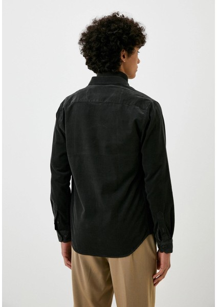 Erkek Kadife Gömlek Siyah %100 Pamuk Düğmeli Yaka Slim Fit Logo Detaylı 7980 fırsatları