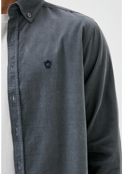 Erkek Kadife Gömlek Gri %100 Pamuk Düğmeli Yaka Slim Fit Logo Detaylı 7980 fırsatları
