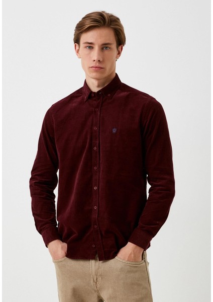 Erkek Kadife Gömlek Bordo %100 Pamuk Düğmeli Yaka Slim Fit Logo Detaylı 7980