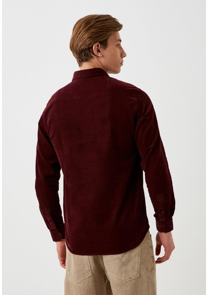 Erkek Kadife Gömlek Bordo %100 Pamuk Düğmeli Yaka Slim Fit Logo Detaylı 7980 modelleri