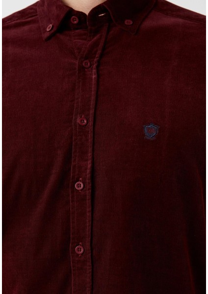 Erkek Kadife Gömlek Bordo %100 Pamuk Düğmeli Yaka Slim Fit Logo Detaylı 7980 fırsatları