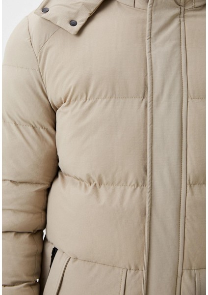 Erkek Şişme Mont Bej Kapüşonlu Termo Dolumlu ve Iç Astarlı 6 Cep Dik Yaka Mont Ncs Jeans 4988