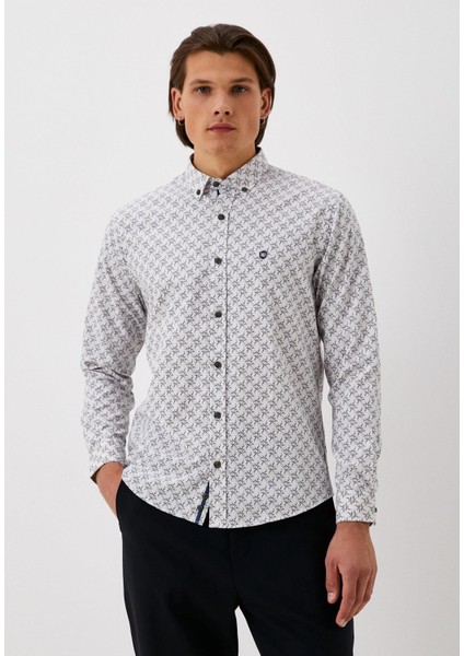 Erkek Desenli Gömlek Mavi Baskılı Slim Fit Düğmeli Yaka Arma Logo Detay Poplin 7182