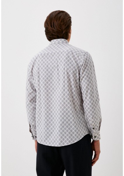 Erkek Desenli Gömlek Mavi Baskılı Slim Fit Düğmeli Yaka Arma Logo Detay Poplin 7182 modelleri