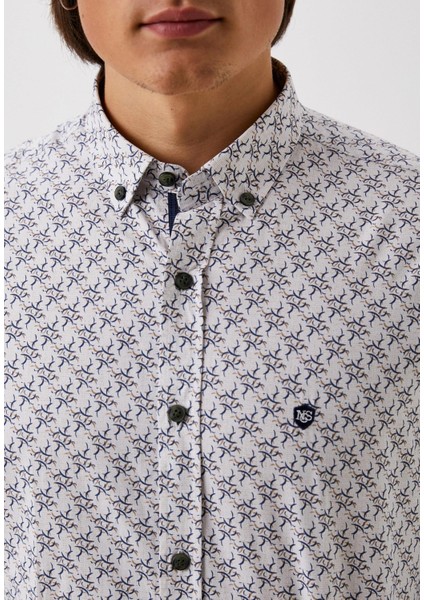 Erkek Desenli Gömlek Mavi Baskılı Slim Fit Düğmeli Yaka Arma Logo Detay Poplin 7182 fırsatları