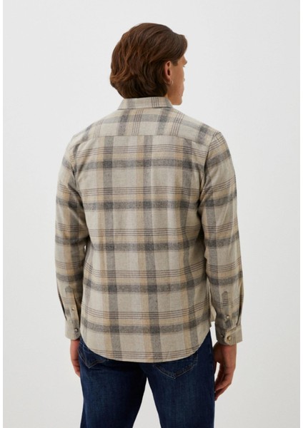 Erkek Flanel Gömlek Bej Ekose Desenli Slim Fit Düğmeli Yaka Oduncu 7265 modelleri
