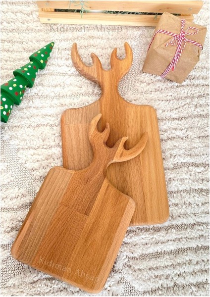 Geyik Figürlü Kesme Tahtası Seti Ahşap Geyik Boynuzlu Sunum Tahtası Sunumluk 2'li fiyatları
