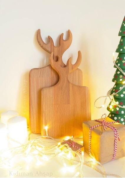 Geyik Figürlü Kesme Tahtası Seti Ahşap Geyik Boynuzlu Sunum Tahtası Sunumluk 2'li modelleri