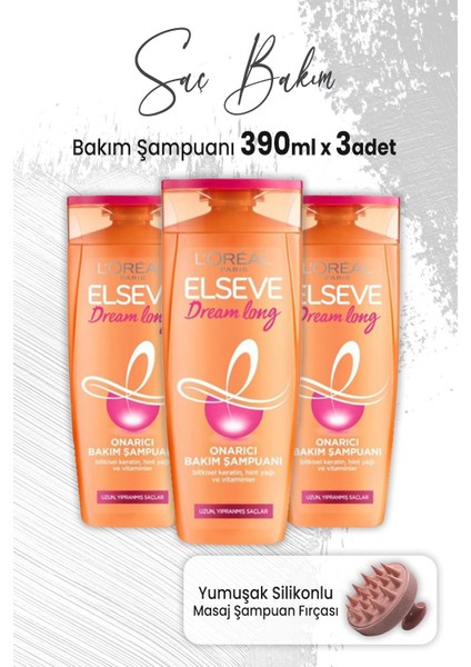 Dream Long Onarıcı Bakım Şampuanı 390 ml x 3 Adet ve Masaj Şampuan Fırçası Pembe