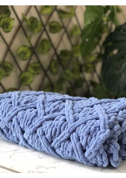 Puffy El Örgüsü Şömine ve Tv Battaniyesi Baklava Desenli Mavi 90 x 165 cm