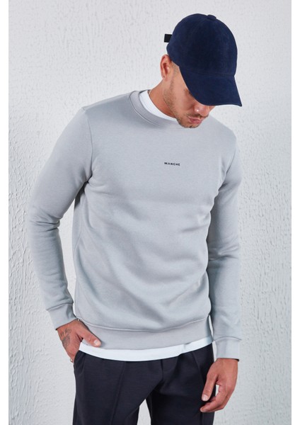 Bisiklet Yaka Basic Minimal Baskılı Sweat Boyama Gri