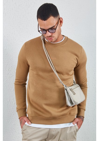 Bisiklet Yaka Basic Minimal Baskılı Sweat Toprak