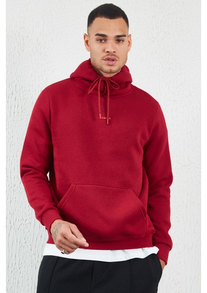Kapüşonlu Basic Minimal Baskılı Sweat Bordo