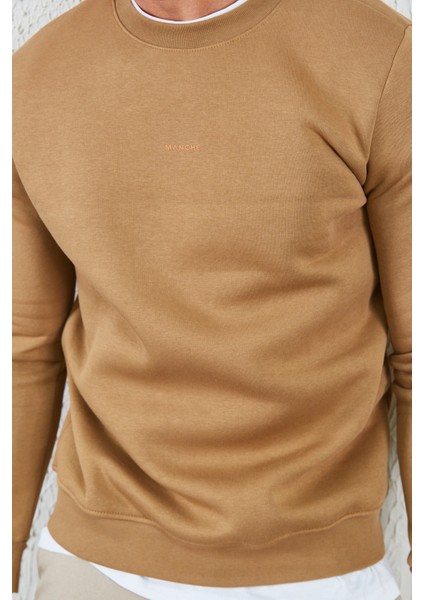 Bisiklet Yaka Basic Minimal Baskılı Sweat Toprak