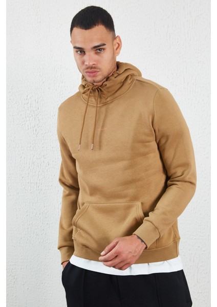 Kapüşonlu Basic Minimal Baskılı Sweat Toprak
