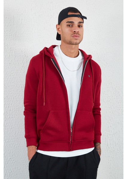 Kapüşonlu Fermuarlı Sweat Bordo