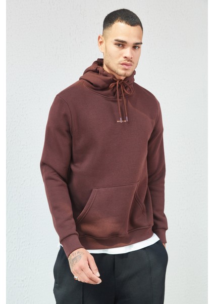 Kapüşonlu Basic Minimal Baskılı Sweat Kahve