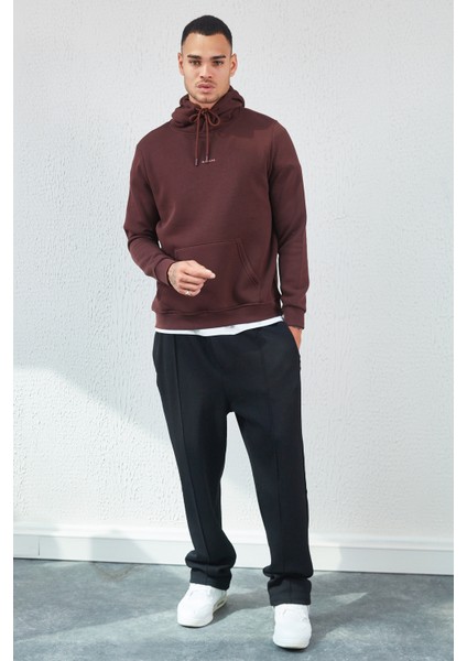 Kapüşonlu Basic Minimal Baskılı Sweat Kahve