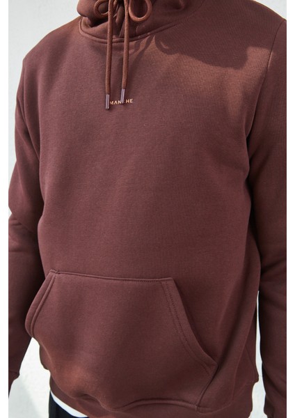 Kapüşonlu Basic Minimal Baskılı Sweat Kahve