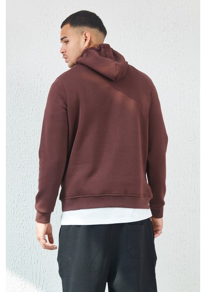 Kapüşonlu Basic Minimal Baskılı Sweat Kahve