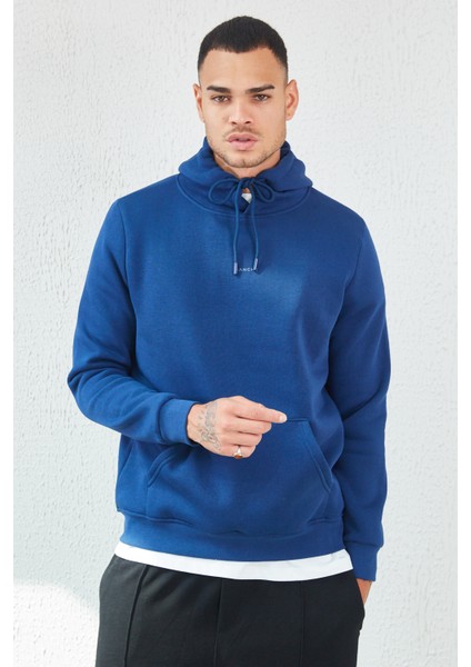 Kapüşonlu Basic Minimal Baskılı Sweat Marin