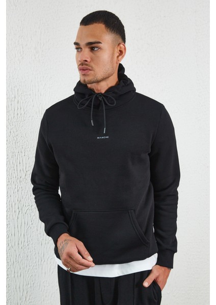 Kapüşonlu Basic Minimal Baskılı Sweat Siyah