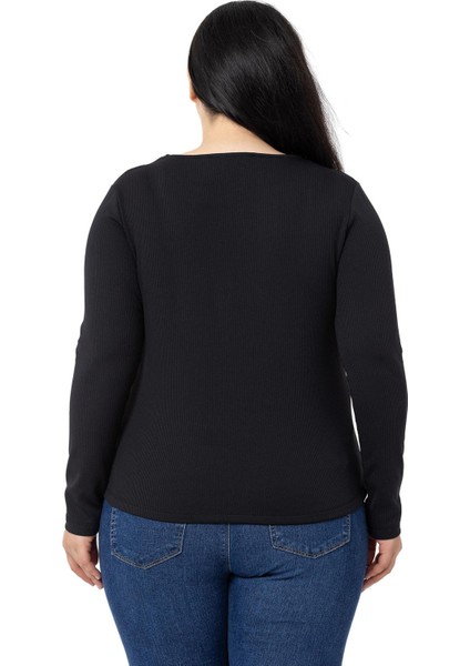 Büyük Beden Içi Şardonlu Uzun Kollu Fitilli Siyah Body modelleri