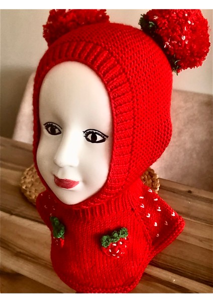 Bebek-Çocuk Kar Maskesi Balaklava Ponponlu Kırmızı Şapka modelleri