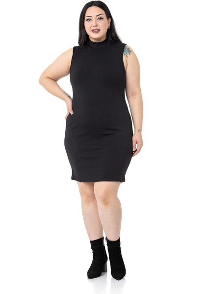 Büyük Beden Yarım Balıkçı Kaşkorse Içi Şardonlu Kolsuz Streç Kısa Siyah Elbise