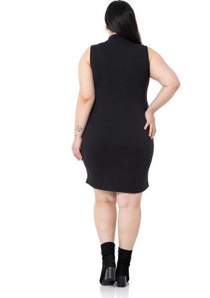 Büyük Beden Yarım Balıkçı Kaşkorse Içi Şardonlu Kolsuz Streç Kısa Siyah Elbise modelleri