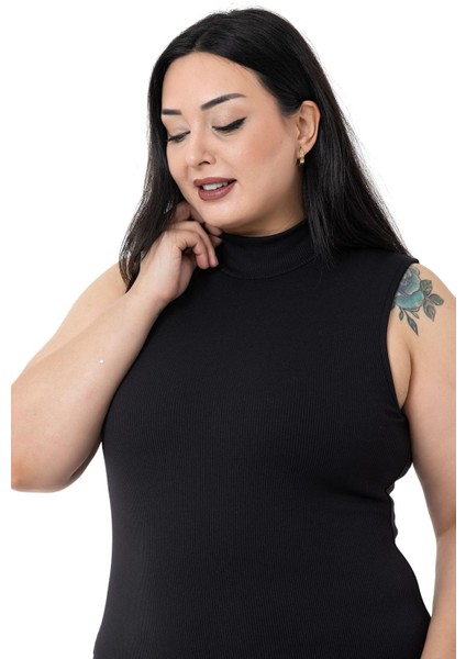 Büyük Beden Yarım Balıkçı Kaşkorse Içi Şardonlu Kolsuz Streç Kısa Siyah Elbise fırsatları