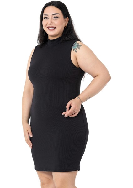 Büyük Beden Yarım Balıkçı Kaşkorse Içi Şardonlu Kolsuz Streç Kısa Siyah Elbise indirimleri