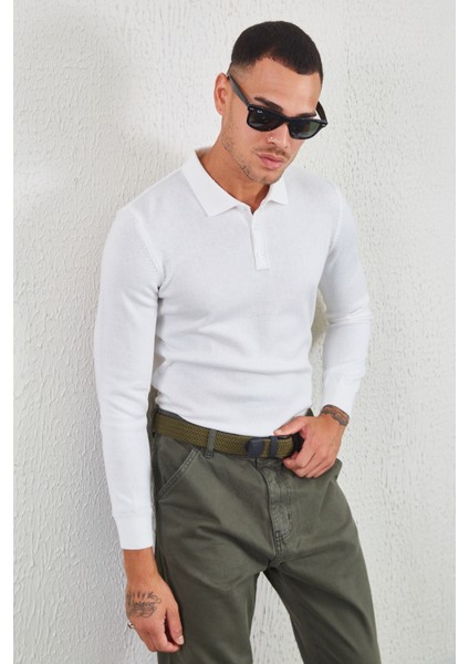 Düğmeli Polo Yaka Basic Triko Ekru