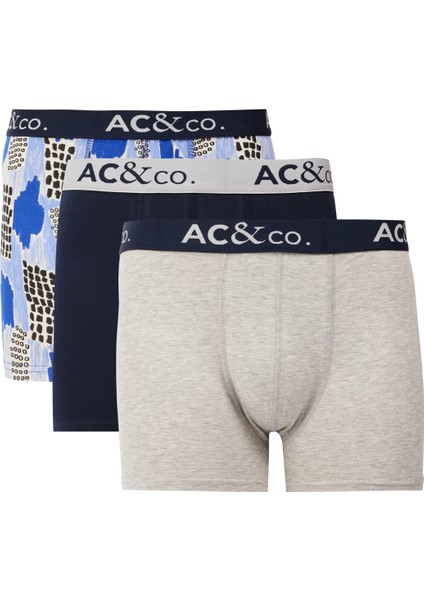 AC&Co / Altınyıldız Classics Erkek Lacivert-Gri Pamuklu Esnek Desenli 3'lü Boxer Paketi