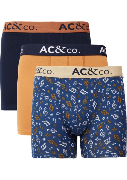 AC&Co / Altınyıldız Classics Erkek Lacivert-Kahverengi Pamuklu Esnek Desenli 3'lü Boxer Paketi