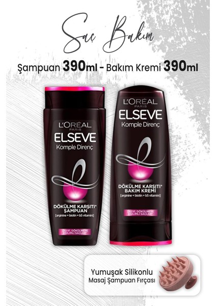 Komple Direnç Şampuan 390 Ml, Bakım Kremi 390 ml ve Masaj Şampuan Fırçası Pembe