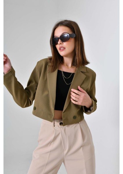 Haki Kruvaze Crop Blazer Ceket