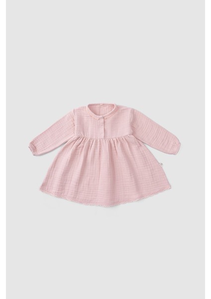 Brodeli Organik Pamuk Müslin Büzgülü Bebek Elbisesi Pembe