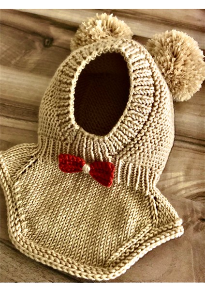 El Örgüsü Bebek Çocuk Kar Maskesi Balaklava Ponponlu Şapka