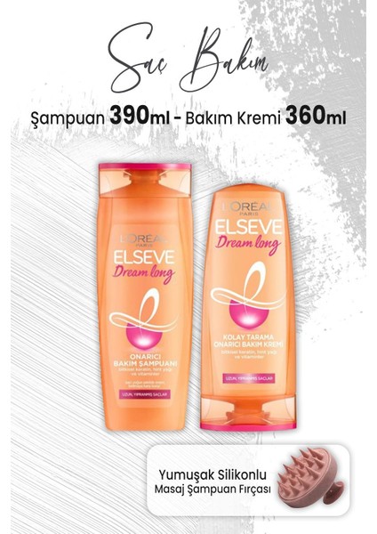 Dream Long Onarıcı Şampuan 390 Ml, Bakım Kremi 360 ml ve Masaj Şampuan Fırçası Pembe