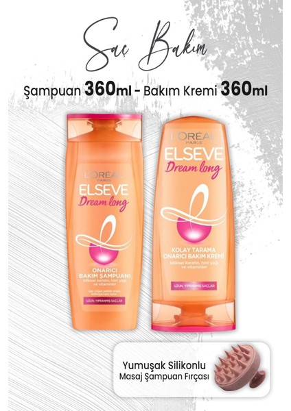 Dream Long Onarıcı Şampuan 360 Ml, Bakım Kremi 360 ml ve Masaj Şampuan Fırçası Pembe