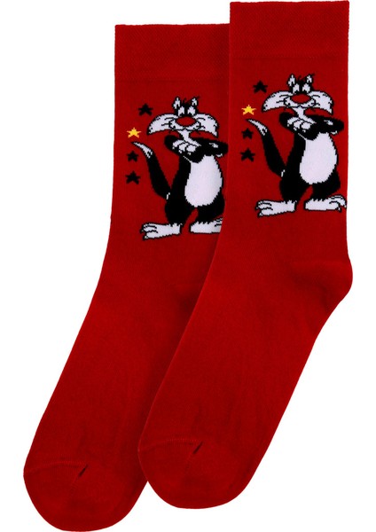 Unisex Vegan Kırmızı Çorap - Warner Bros Sylvester Classic Tasarım
