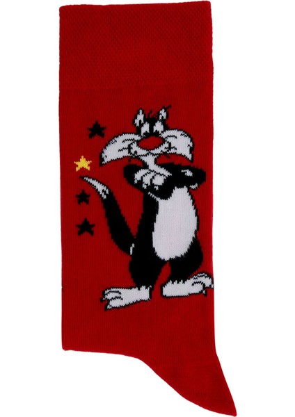 Unisex Vegan Kırmızı Çorap - Warner Bros Sylvester Classic Tasarım