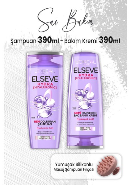 Hydra Hyaluronik Şampuan 390 Ml, Bakım Kremi 390 ml ve Masaj Şampuan Fırçası Pembe