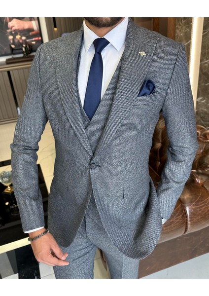 Italyan Stil Slim Fit Ceket Yelek Pantolon Takım Elbise Lacivert T9795